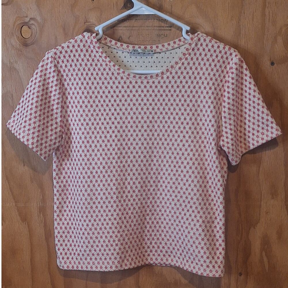 Zara Shirt Women's Large Pink Cream Polka Dot Cropped Summer Preppy Retro
